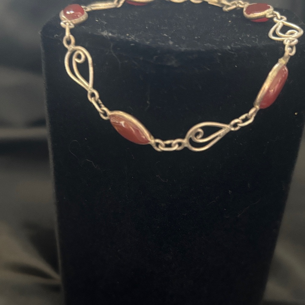Sterling Silver Red Agate Link Bracelet - Picture 3 of 3